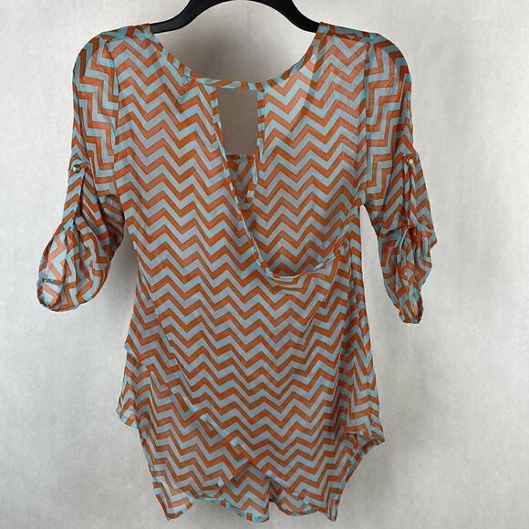 Yahada Sheer Blouse Top Shirt Size Small Turquoise Orange Chevron 3/4 Sleeve - Picture 5 of 13